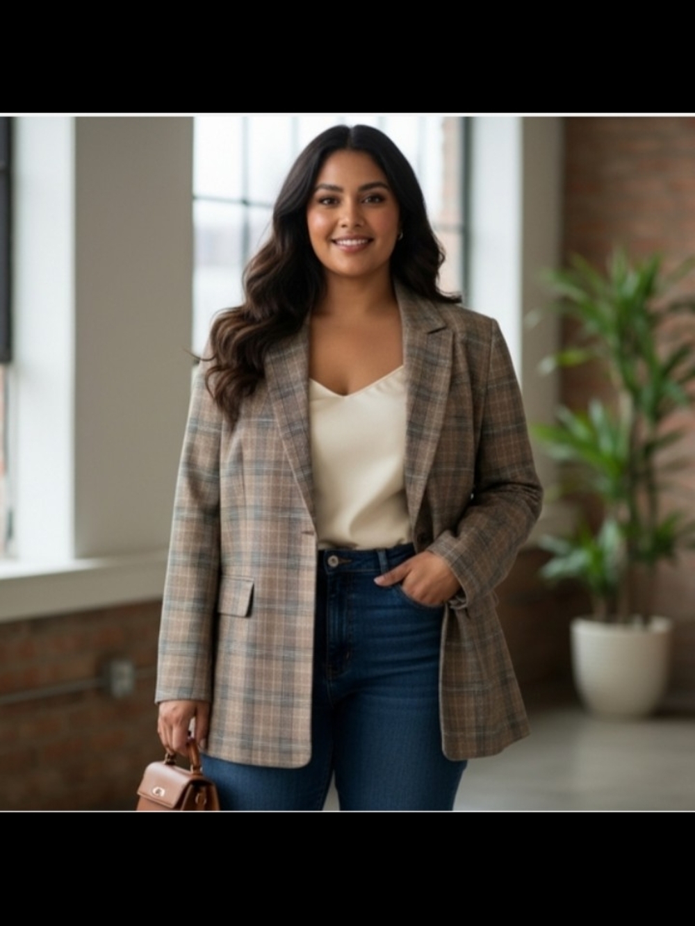 Old Navy Taupe Plaid Single-Button Blazer